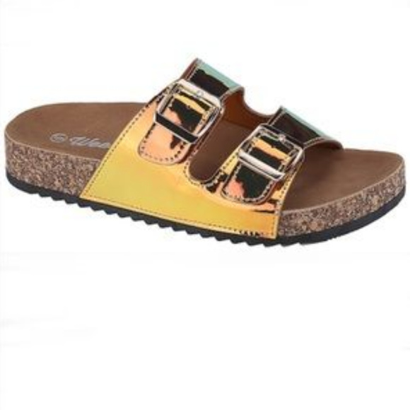 Shoes - "Becky" Double Buckle Sandals - Bronze Hologram
